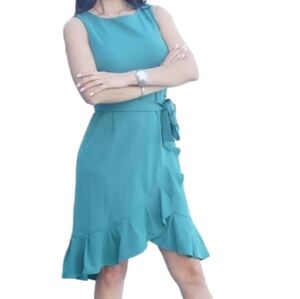 Calvin Klein Stretch Poly Crepe Teal Green Sleeveless Tie Belt Ruffle Trim Dress